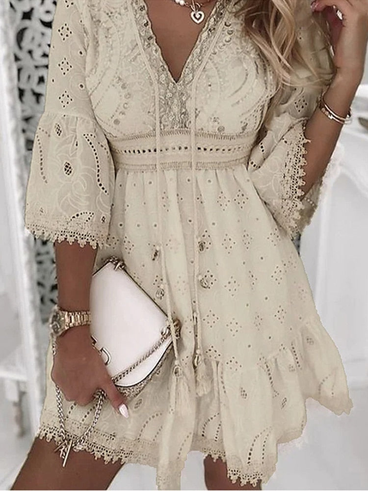 Women's Bohemian Cotton Mini Dress – Embroidered V-Neck with Tassels