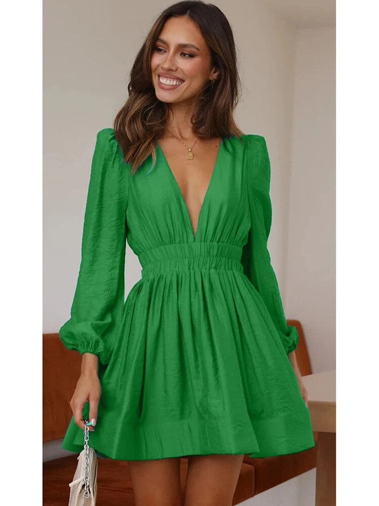 Women's Ruffle Mini Dress – Long Sleeves, V-Neck and Flounced Hem