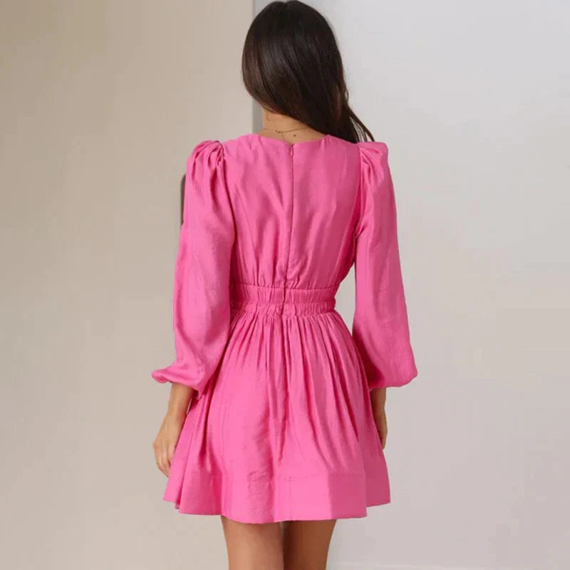 Women's Ruffle Mini Dress – Long Sleeves, V-Neck and Flounced Hem