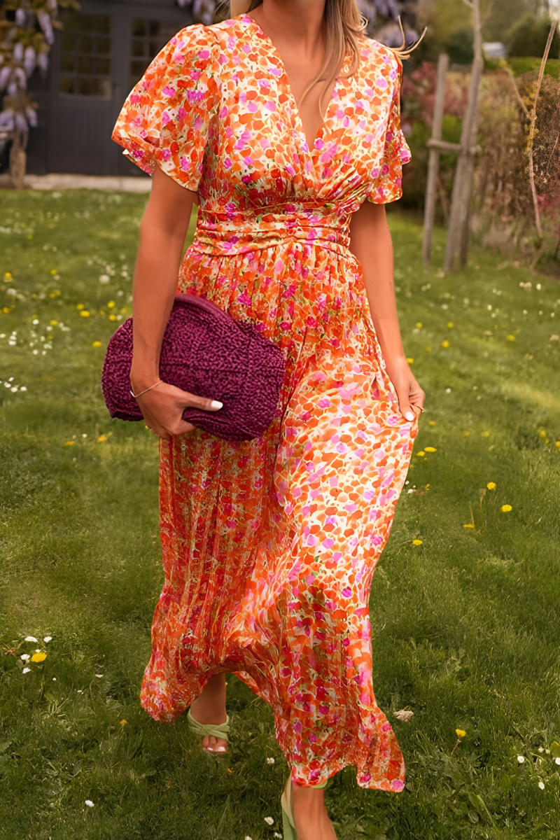 Women's Floral V-Neck Maxi Dress – Flowing Elasticated Waist Detail