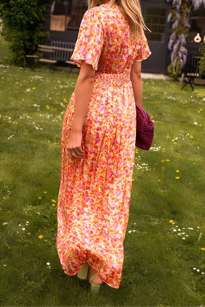Women's Floral V-Neck Maxi Dress – Flowing Elasticated Waist Detail