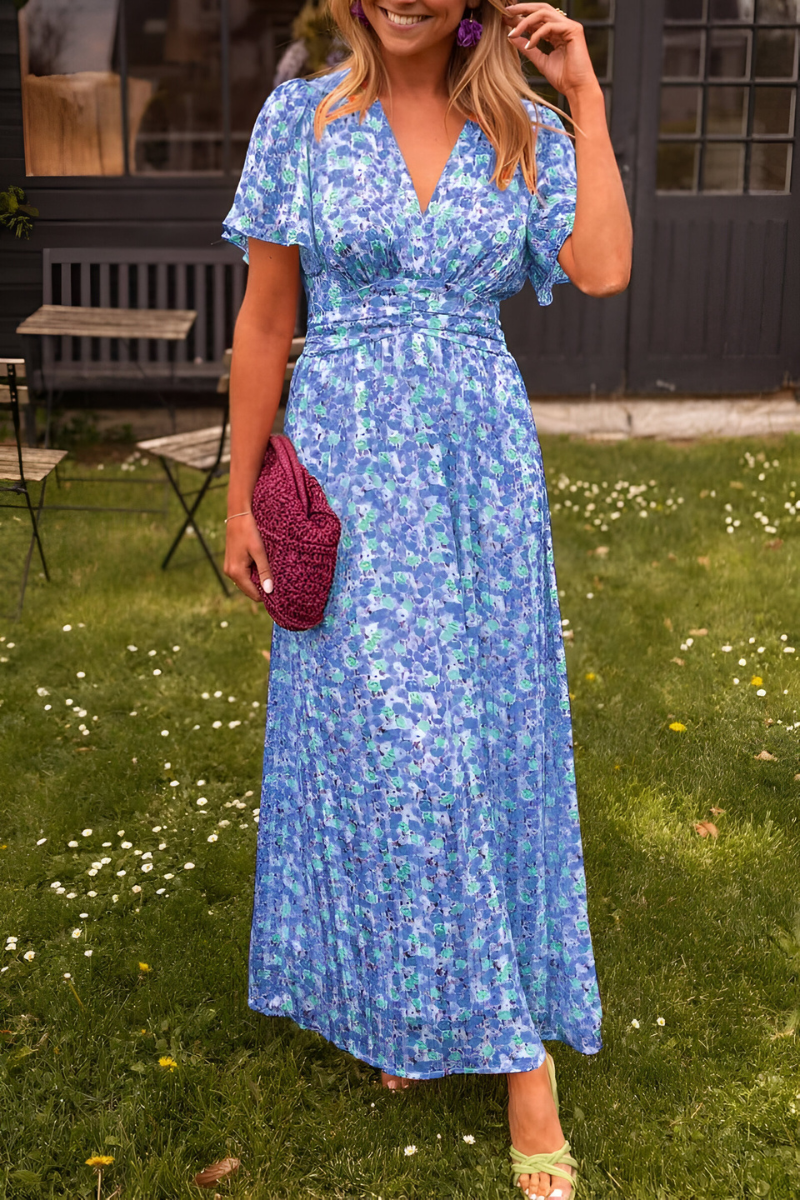 Women's Floral V-Neck Maxi Dress – Flowing Elasticated Waist Detail