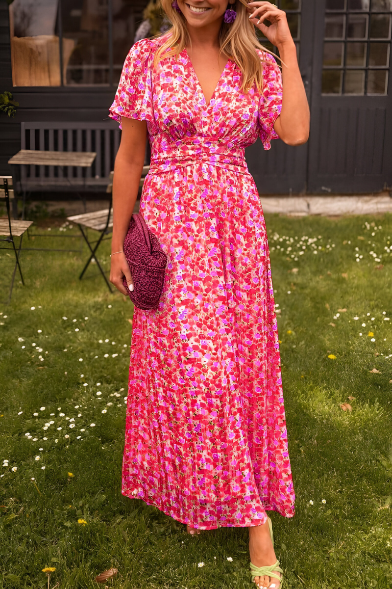 Women's Floral V-Neck Maxi Dress – Flowing Elasticated Waist Detail