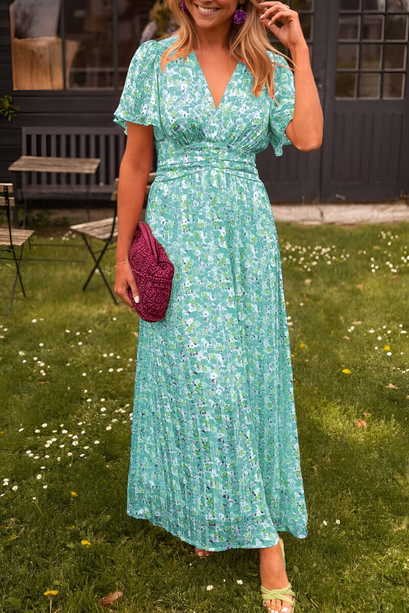 Women's Floral V-Neck Maxi Dress – Flowing Elasticated Waist Detail