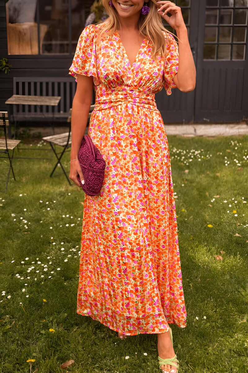 Women's Floral V-Neck Maxi Dress – Flowing Elasticated Waist Detail