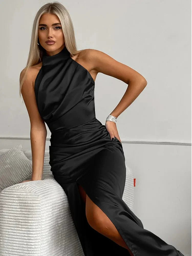 Women's Satin Halter-Neck Maxi Dress – Sleeveless with High Slit