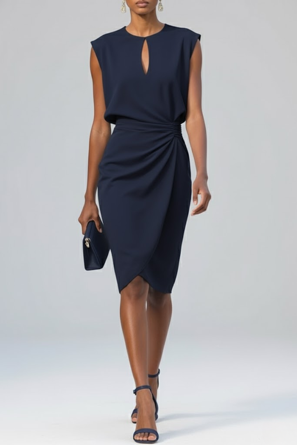 Women's Lightweight Midi Cocktail Dress – Ruched Waist, Keyhole Neckline