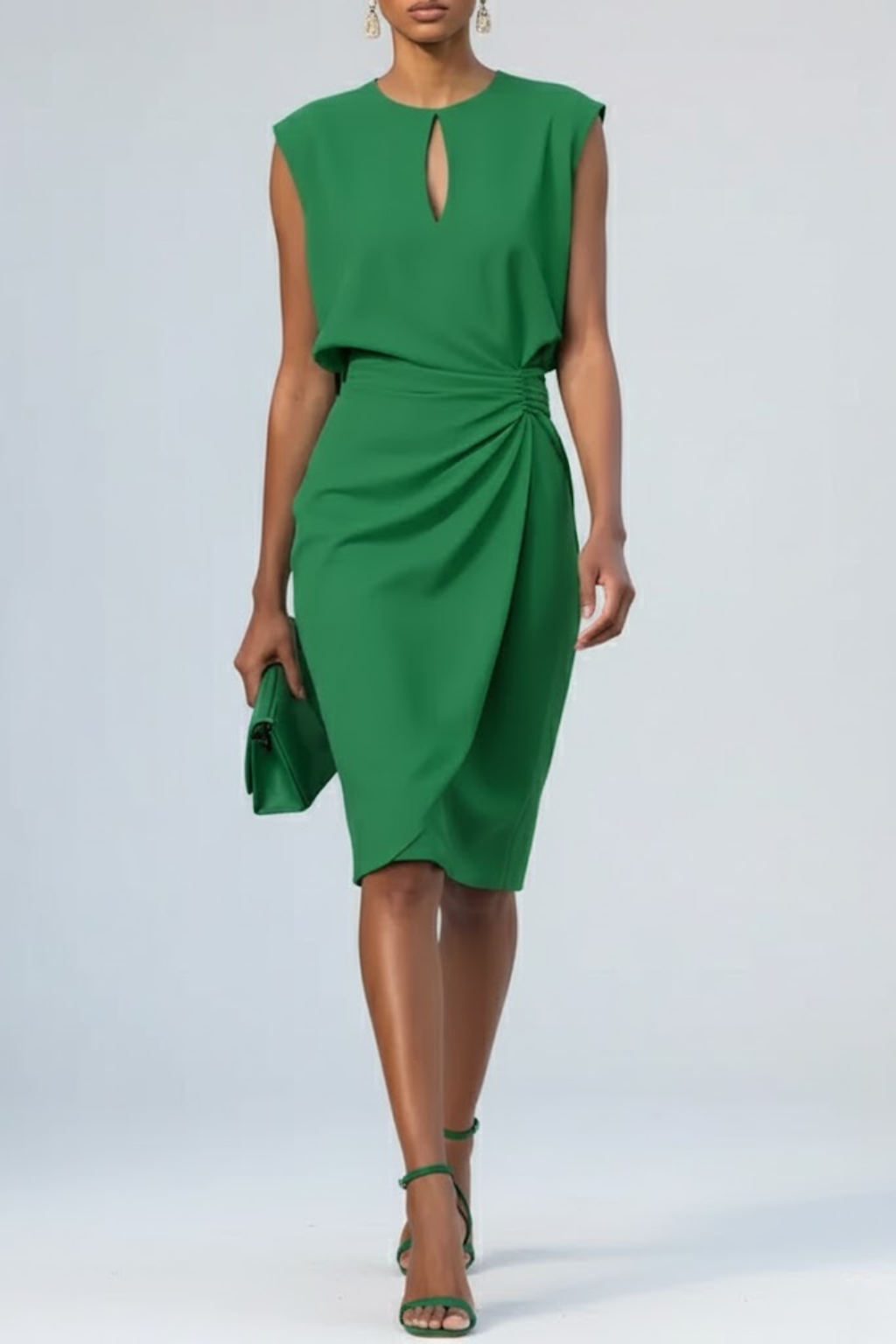 Women's Lightweight Midi Cocktail Dress – Ruched Waist, Keyhole Neckline