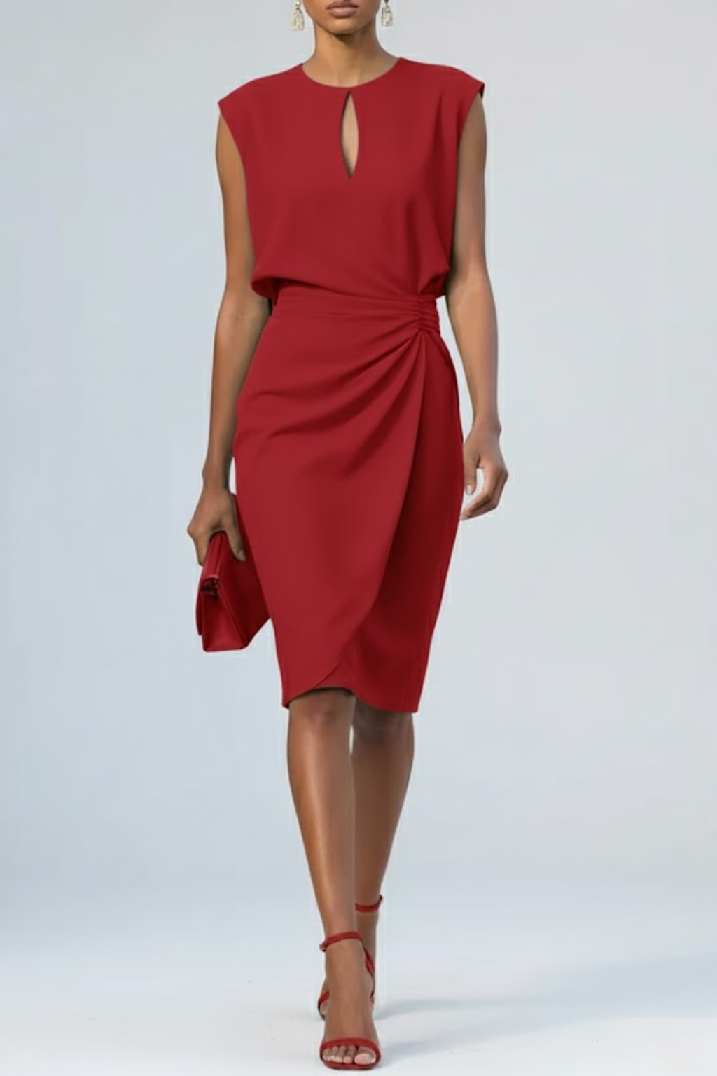 Women's Lightweight Midi Cocktail Dress – Ruched Waist, Keyhole Neckline