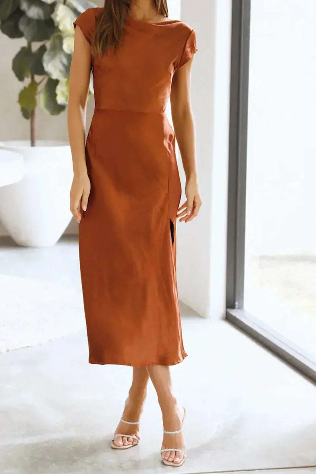 Women's Midi Dress Boat Neck Short Sleeves – Elegant Side Slit