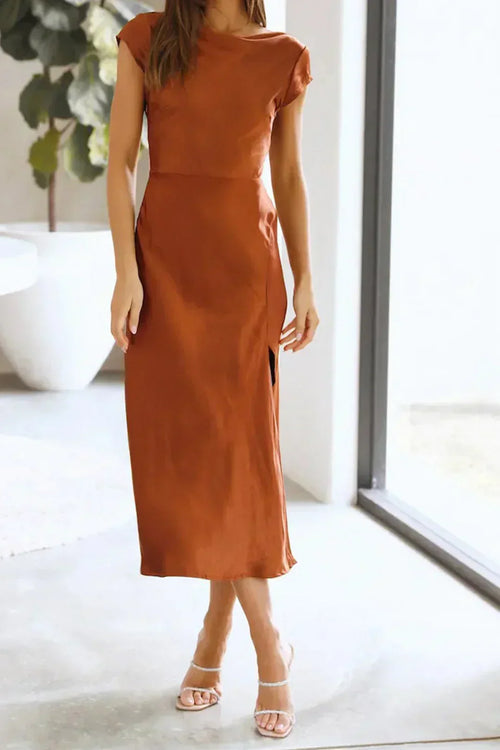 Women's Midi Dress Boat Neck Short Sleeves – Elegant Side Slit