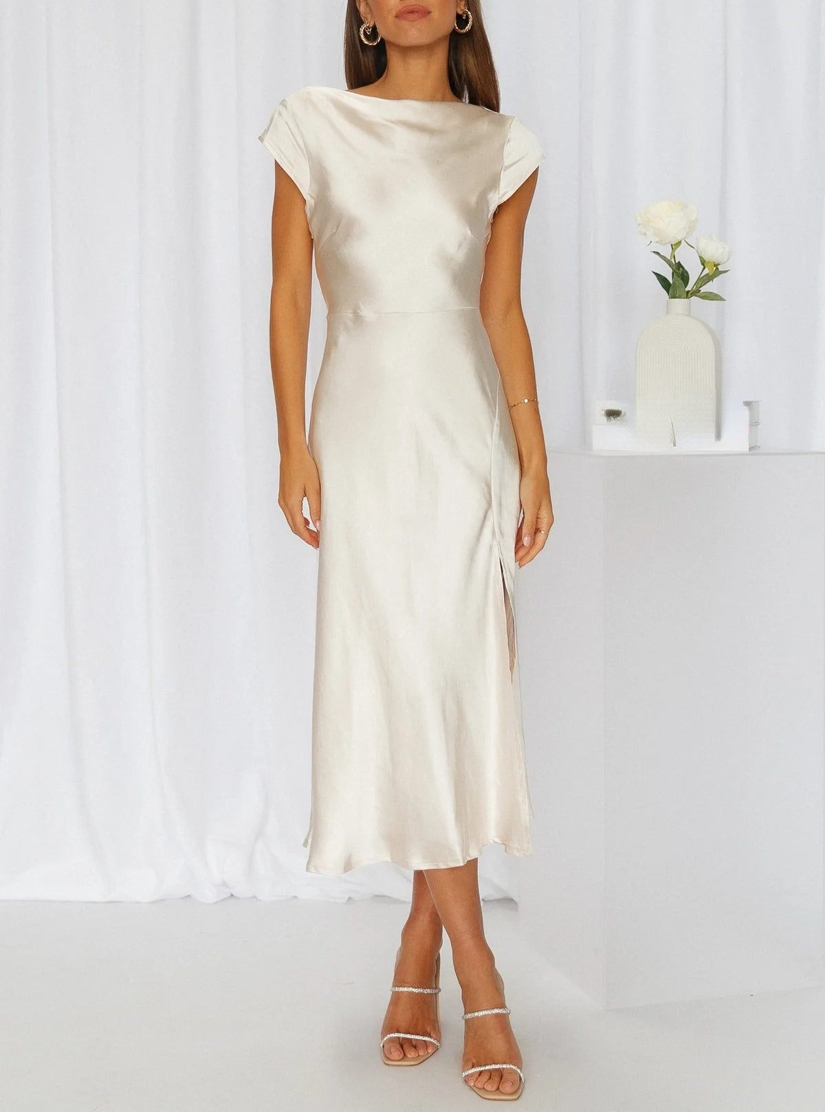 Women's Midi Dress Boat Neck Short Sleeves – Elegant Side Slit