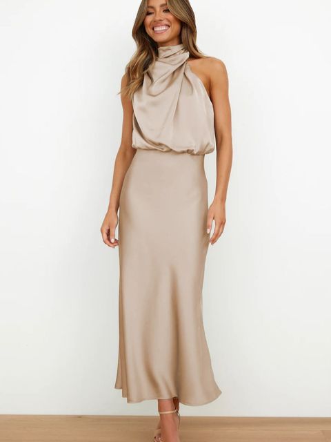 Women's Satin Halter Neck Midi Dress – Draped Cut, Fluid Silhouette