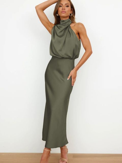 Women's Satin Halter Neck Midi Dress – Draped Cut, Fluid Silhouette