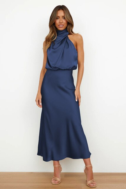 Women's Satin Halter Neck Midi Dress – Draped Cut, Fluid Silhouette