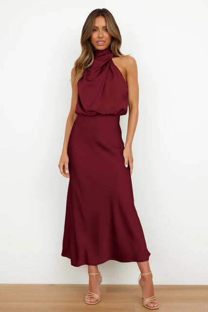 Women's Satin Halter Neck Midi Dress – Draped Cut, Fluid Silhouette