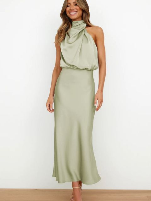 Women's Satin Halter Neck Midi Dress – Draped Cut, Fluid Silhouette