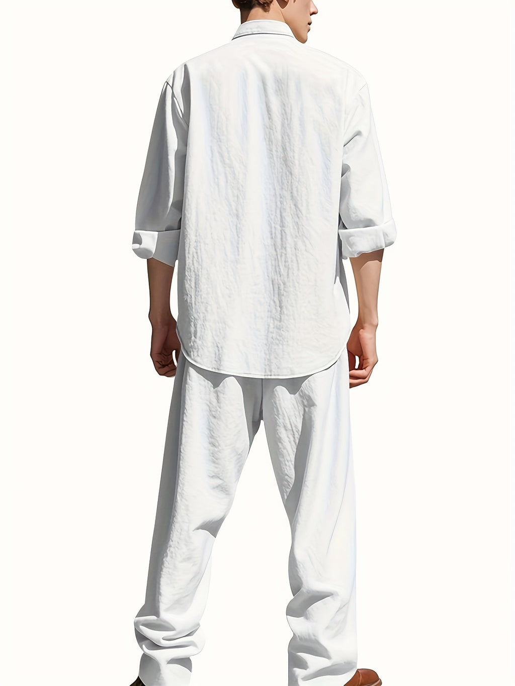 Men's Two-Piece Linen Set – Mao Collar Shirt and Matching Pants
