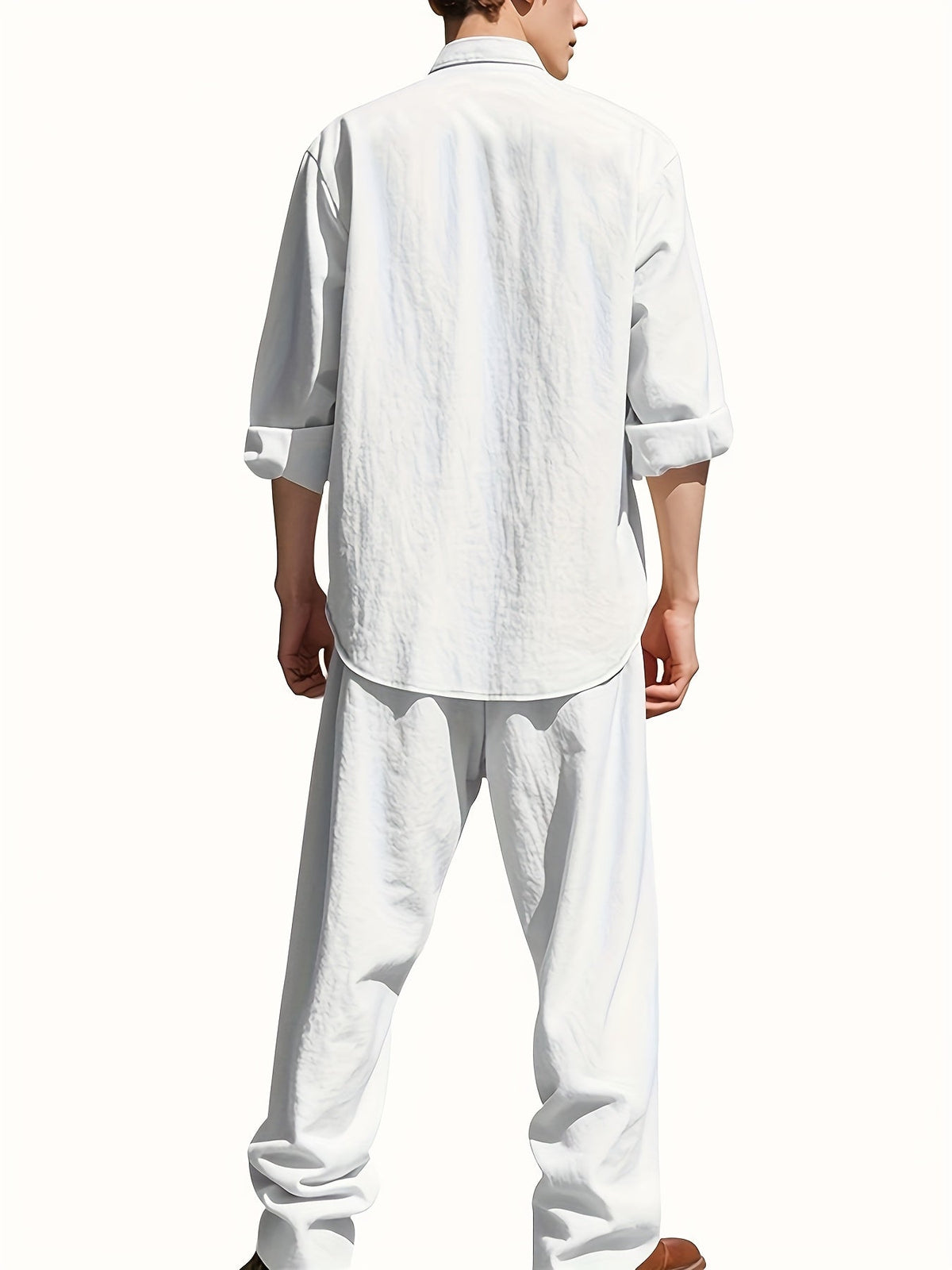 Men's Two-Piece Linen Set – Mao Collar Shirt and Matching Pants