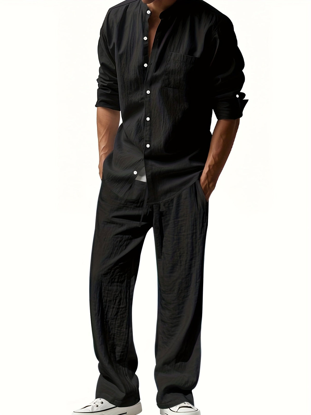 Men's Two-Piece Linen Set – Mao Collar Shirt and Matching Pants