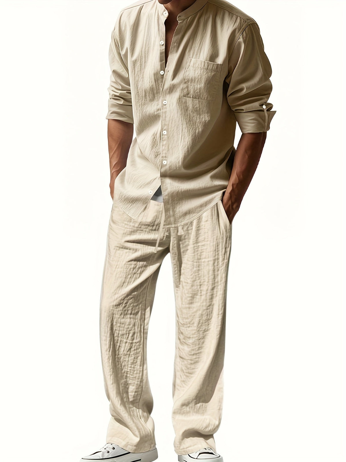Men's Two-Piece Linen Set – Mao Collar Shirt and Matching Pants