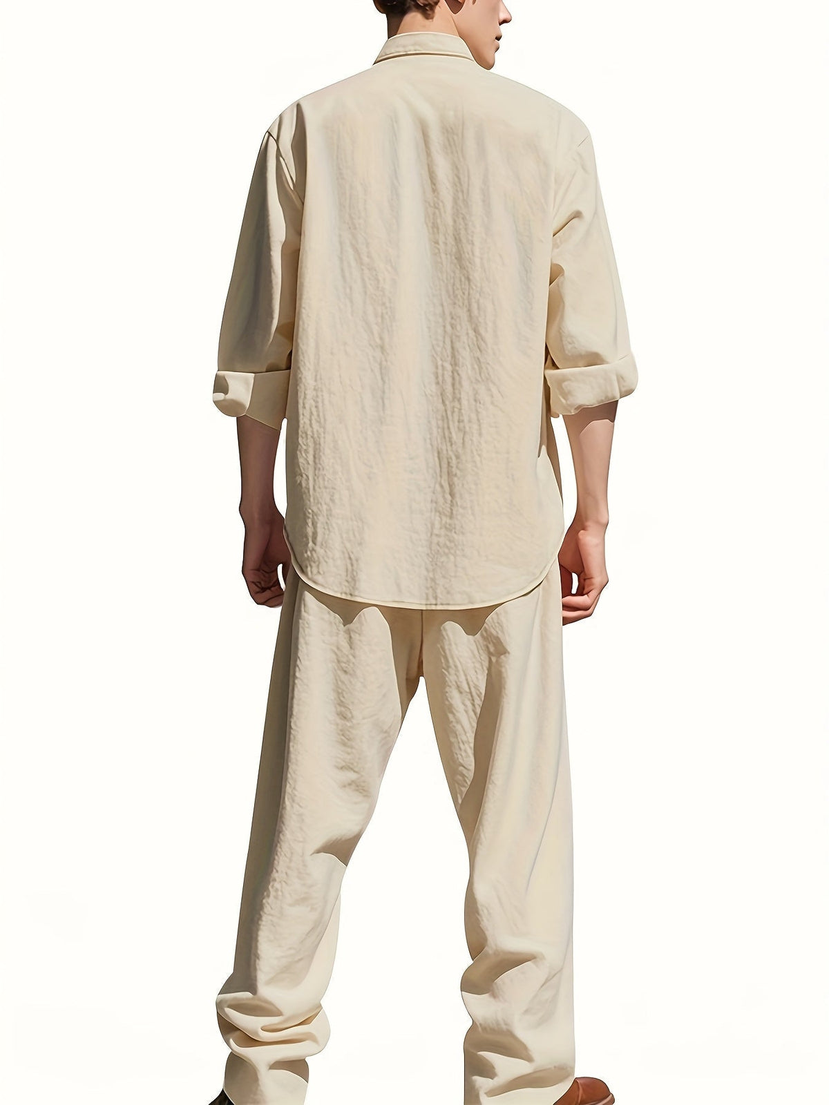 Men's Two-Piece Linen Set – Mao Collar Shirt and Matching Pants