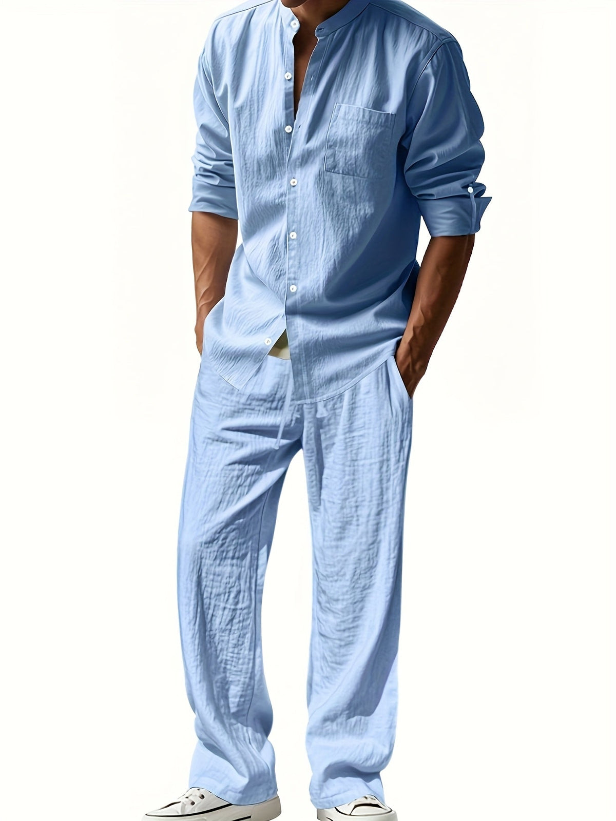 Men's Two-Piece Linen Set – Mao Collar Shirt and Matching Pants