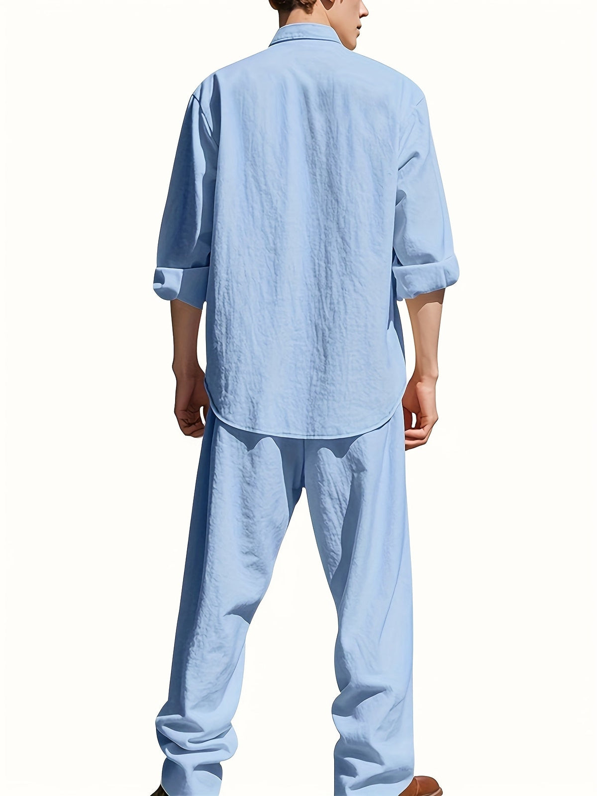 Men's Two-Piece Linen Set – Mao Collar Shirt and Matching Pants