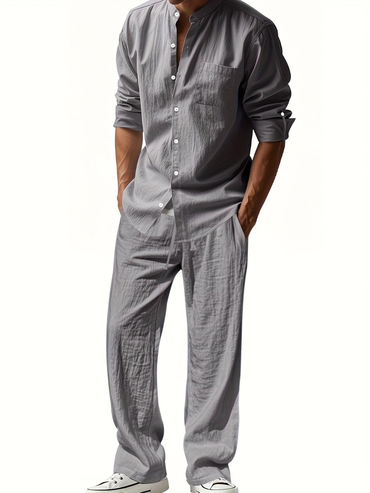 Men's Two-Piece Linen Set – Mao Collar Shirt and Matching Pants