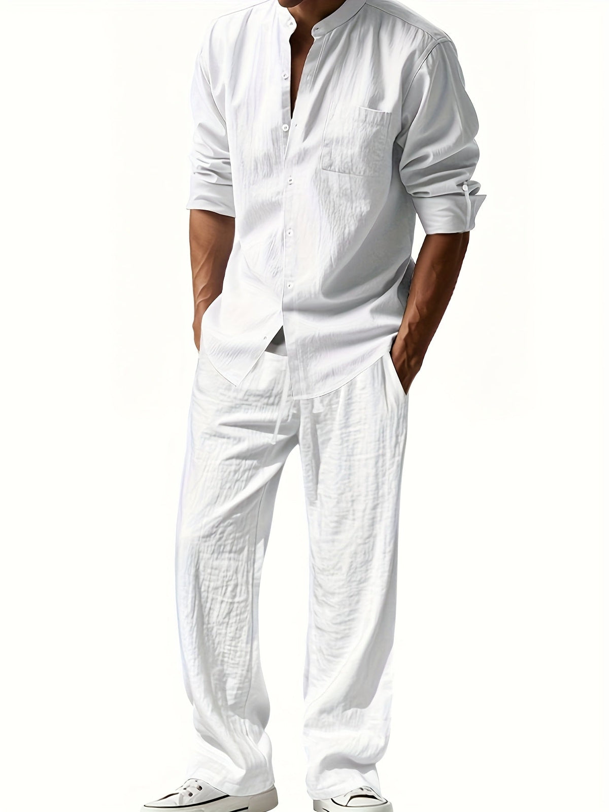 Men's Two-Piece Linen Set – Mao Collar Shirt and Matching Pants