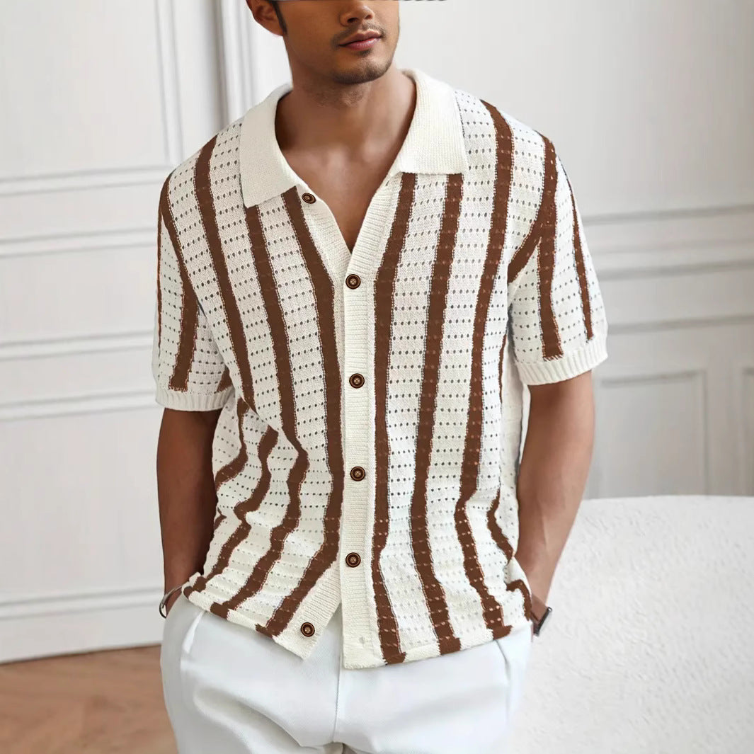 Men's Openwork Knit Polo – Vertical Stripes Short Sleeves
