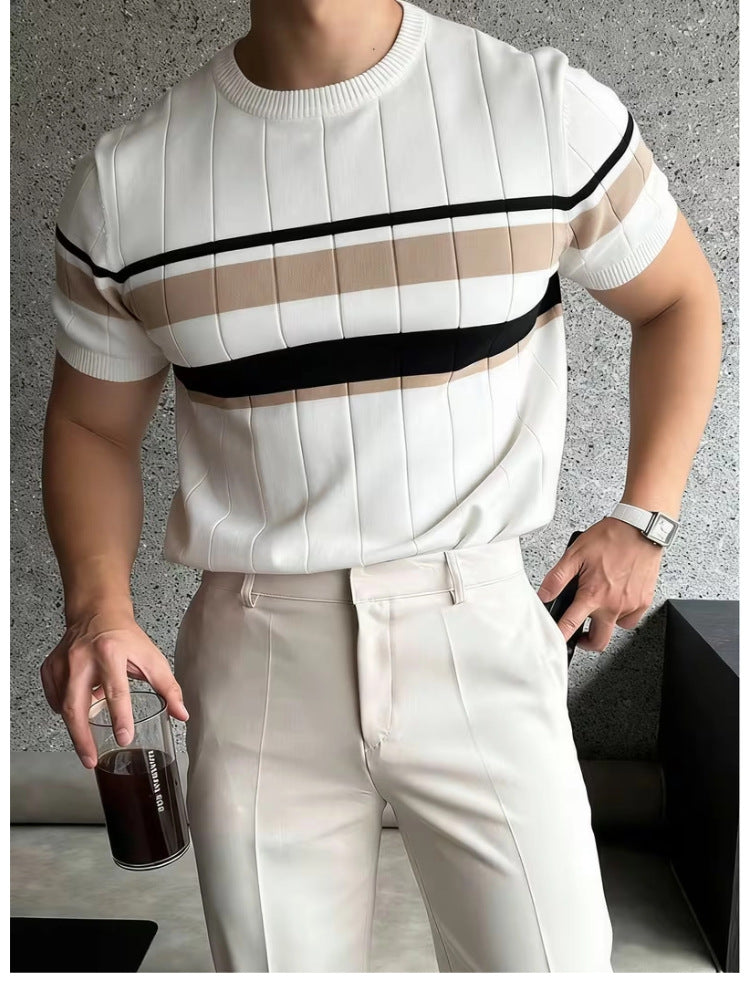 Men's Knitted T-shirt – Slim Fit with Modern Stripes