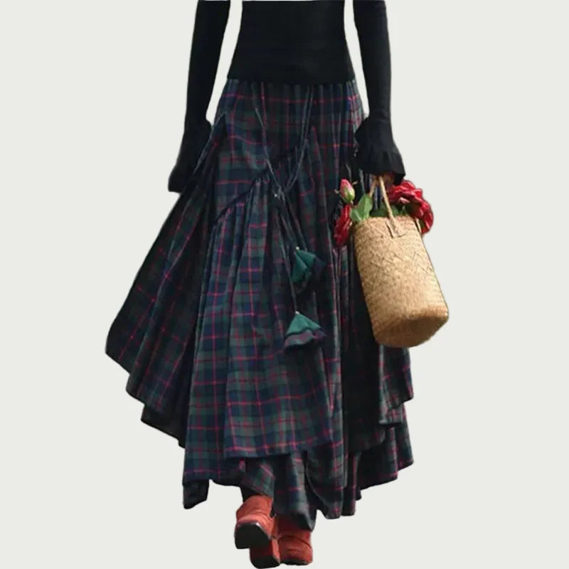 Women's Asymmetric Plaid Skirt – Blended Cotton & Stitching Detail