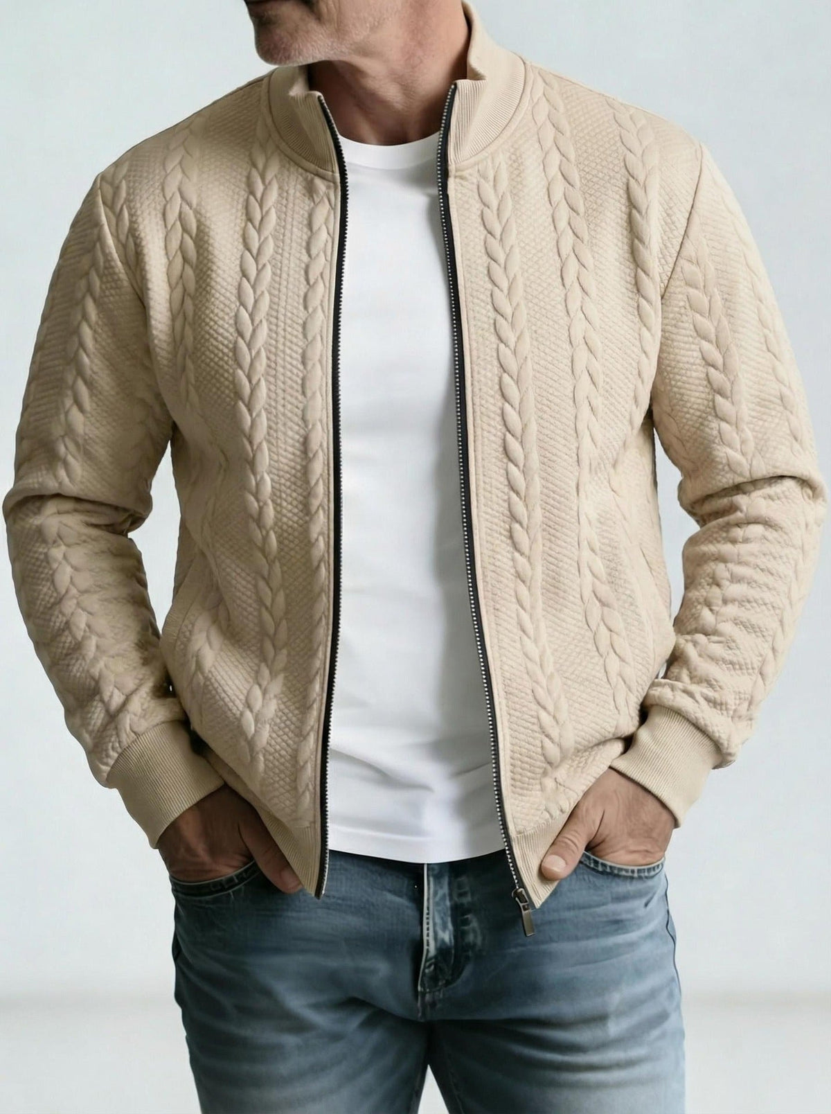 Men's Jacquard Stand-Collar Jacket – Textured Zip-Up Style