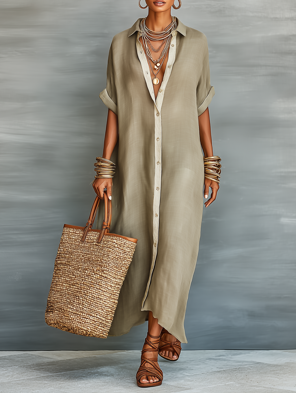 Women’s Long Linen Shirt Dress – Loose Cut Buttoned Three-Quarter Sleeves