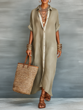 Women’s Long Linen Shirt Dress – Loose Cut Buttoned Three-Quarter Sleeves