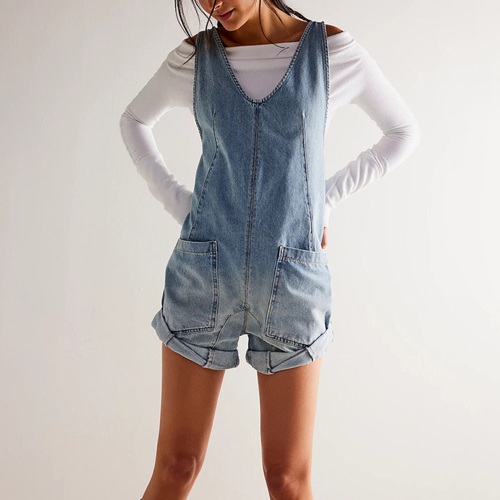 Women's Short Denim Jumpsuit – Oversized Sleeveless Cut with Pockets
