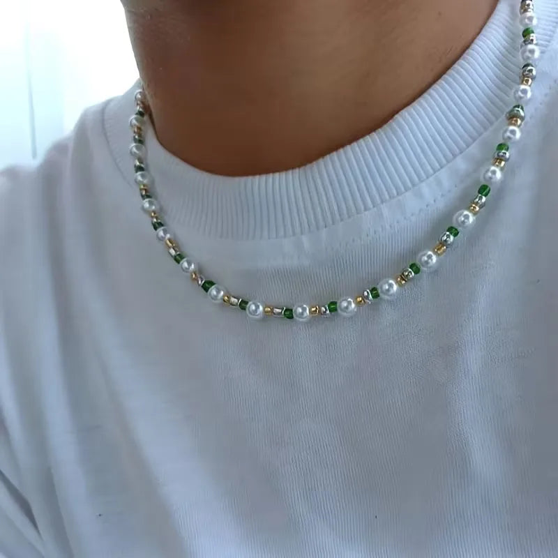 Necklace for Women and Men with Pearls and Green and Gold Accents – Adjustable Length