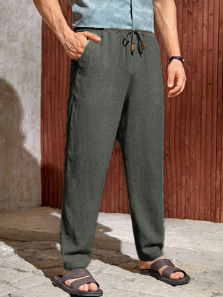 Men's Linen Blend Drawstring Trousers – Straight Fit Lightweight Texture