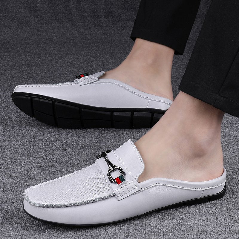 Men’s Calfskin Leather Mule Loafers – Retro Backless Slip-Ons