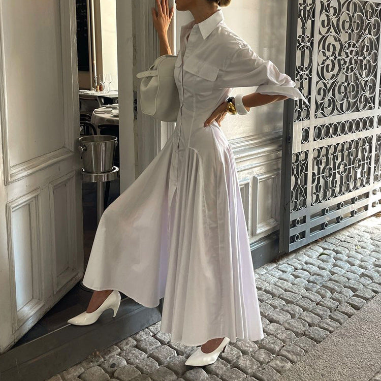 Women’s White Cotton Maxi Shirt Dress – Long Sleeves, Pleated Flared Cut