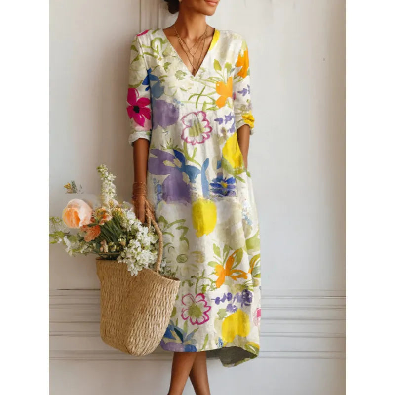 Women's Printed Midi Dress – Flowing Fit and Bohemian V-Neck