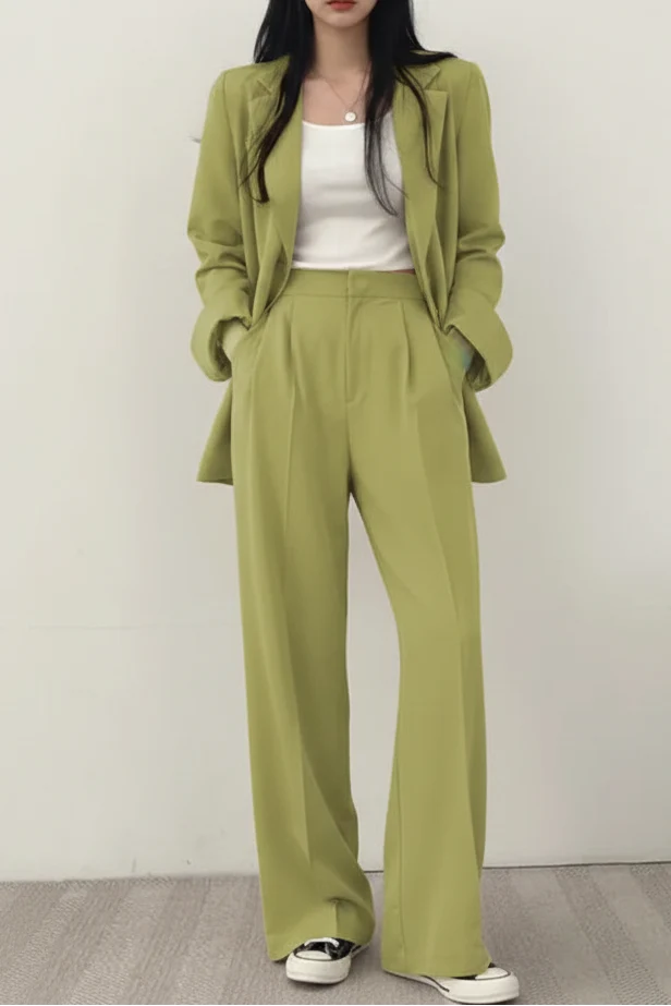 Women's Two-Piece Suit Set – Relaxed Blazer and Wide-Leg Trousers