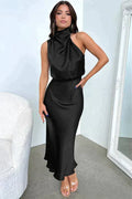 Women's Satin Halter Neck Midi Dress – Draped Cut, Fluid Silhouette