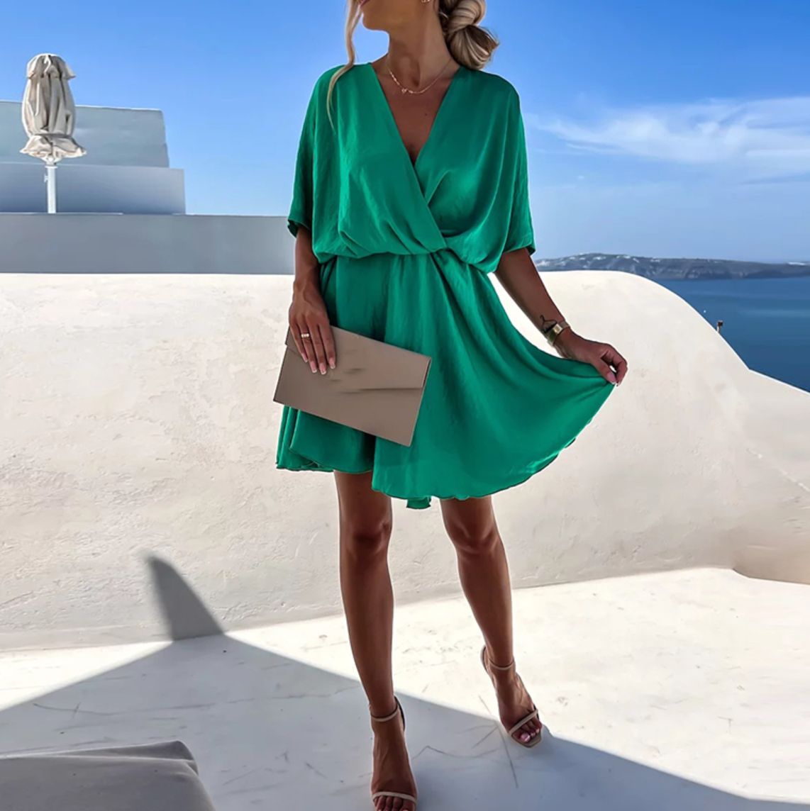 Women's Fluid Mini Dress – V-Neck and Gathered Waist Wrap Effect
