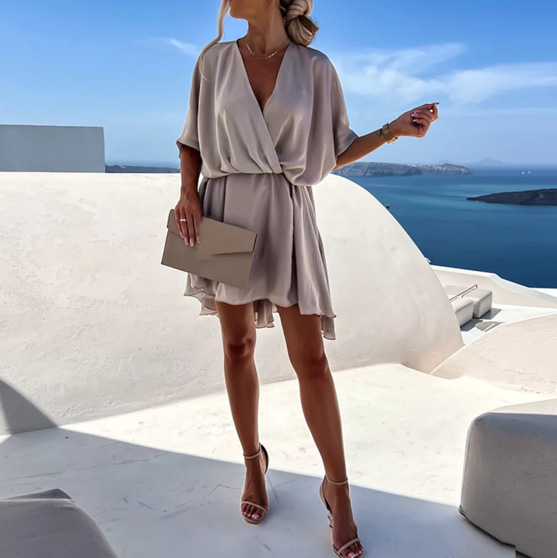 Women's Fluid Mini Dress – V-Neck and Gathered Waist Wrap Effect