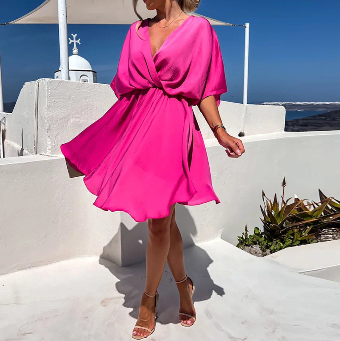 Women's Fluid Mini Dress – V-Neck and Gathered Waist Wrap Effect