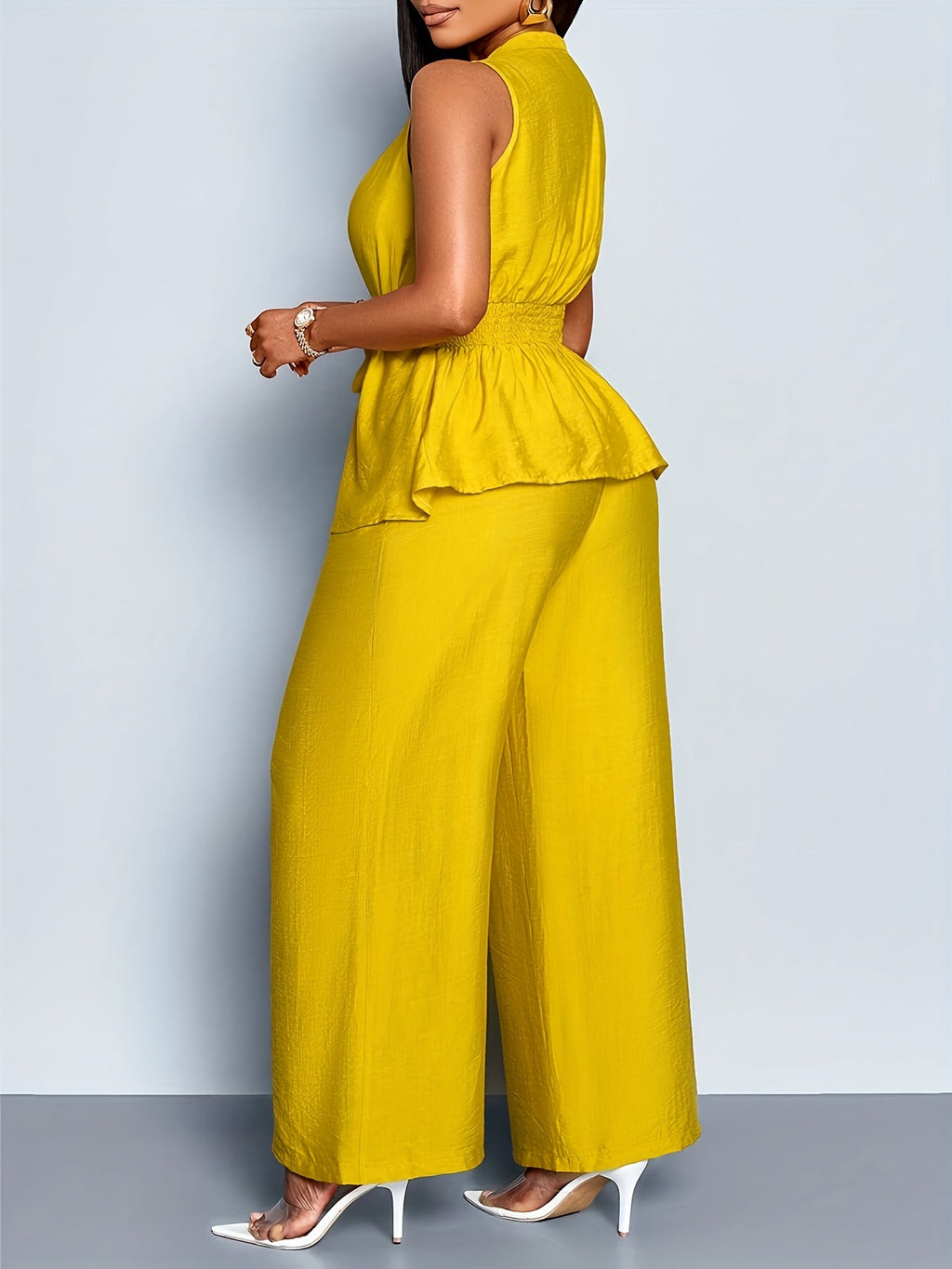 Women's Two-Piece Set – V-Neck Peplum Top and Wide-Leg Pants