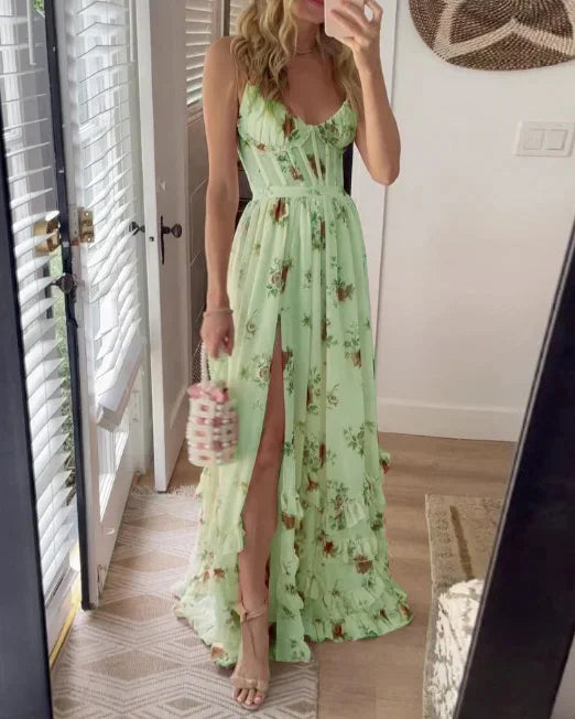 Women's Floral Lace-Up Maxi Dress – Fitted Cut with Side Split
