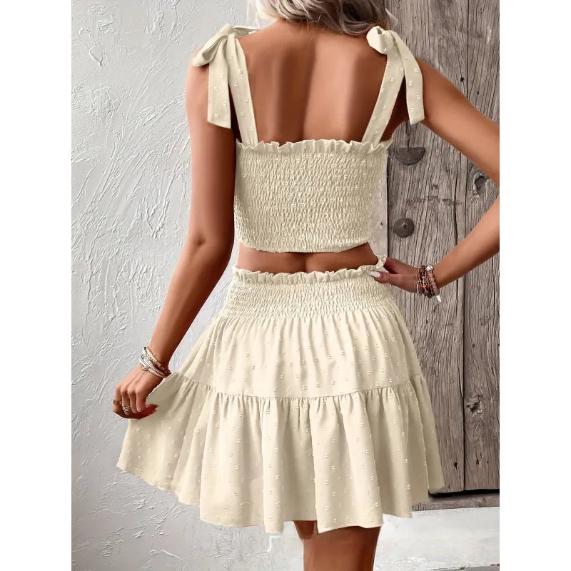 Women's Two-Piece Set – Smocked Top and Mini Skirt with Textured Ruffles
